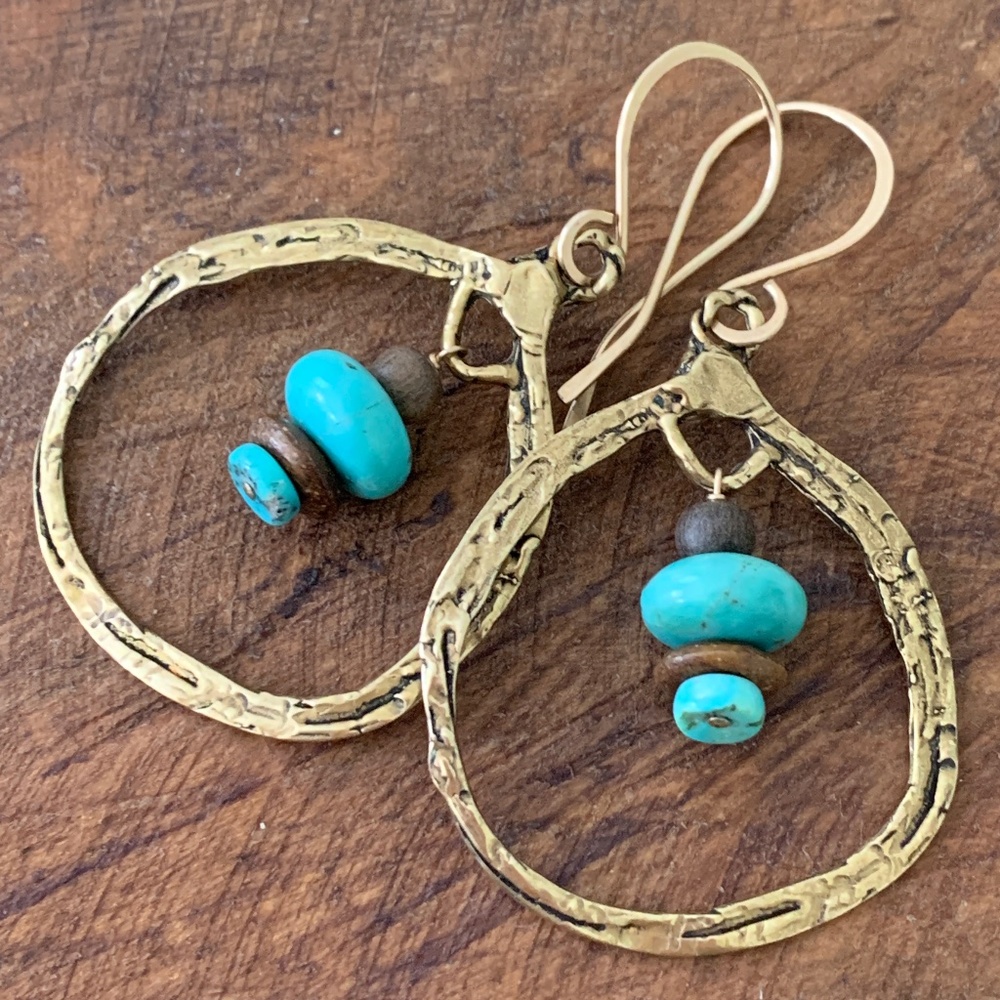 Gold Boho Artisan Earrings Howlite & Wood Turquoise & Brown